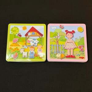 2 HABA Magnetic Games Dress-up Doll Lilli and Peter & Pauline's Farm Travel Tins